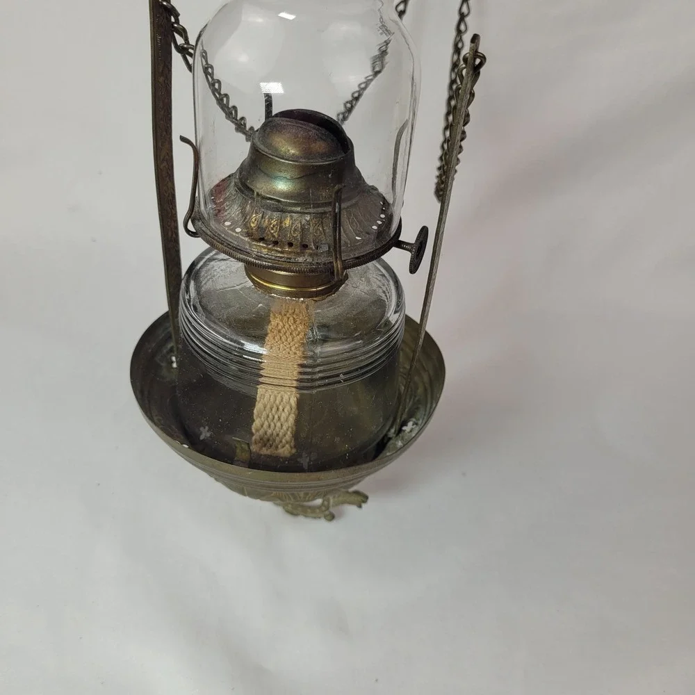Antique Ruby Red Glass Hanging Oil Lamp Macbeth Pearl Glass Chimney Brass Trim